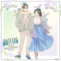 1boy 1girl animal_ears animification cat_ears dual_persona duffy_and_friends fox_girl full_body furry furry_male gelatoni green_fur humanization long_sleeves looking_at_viewer meecosme pants ponytail rabbit_ears rabbit_girl shirt shoes short_hair skirt smile standing stellalou stuffed_animal stuffed_toy
