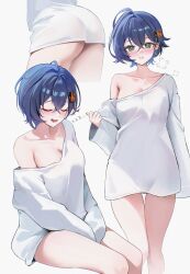 Rule 34 | 1girl, @ @, absurdres, alternate costume, ass, belle (zenless zone zero), blue hair, closed eyes, crossed bangs, drooling, earrings, green eyes, hair between eyes, hair ornament, highres, invisible chair, jewelry, letter hair ornament, long sleeves, looking at viewer, multiple views, parted lips, short hair, simple background, single bare shoulder, single off shoulder, sitting, sleeping, thighs, white background, zenless zone zero, zije, zzz