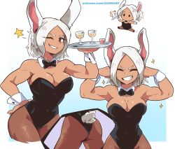 1girl alternate_hair_length alternate_hairstyle animal_ears ass black_leotard blue_background boku_no_hero_academia bow bowtie breasts chibi cleavage closed_eyes commentary cropped_legs cup dark-skinned_female dark_skin dashi_(dashiart) detached_collar english_commentary flexing gradient_background grin hands_up highleg highleg_leotard highres holding holding_tray leotard looking_at_viewer mirko multiple_views no_mouth one_eye_closed pantyhose patreon_username playboy_bunny rabbit_ears rabbit_tail red_eyes short_hair skindentation smile spilling star_(symbol) strapless strapless_leotard tail tray v-shaped_eyebrows watermark web_address white_background white_hair wrist_cuffs