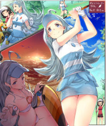 &gt;_&lt; 1girl ahoge aqua_hair ball bikini black_hair blue_hat breasts collared_shirt comic e-co elite_four gen_7_pokemon golf_ball golf_club hat highres holding holding_golf_club kahili_(pokemon) long_hair medium_breasts mole mole_under_eye nintendo pencil_skirt pokemon pokemon_(creature) pokemon_sm selene_(pokemon) shirt short_hair short_sleeves silent_comic skirt smile striped_clothes striped_shirt swimsuit toucannon visor_cap