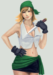 1990s_(style) 1girl annindouf bandana breasts brown_eyes cleavage dagger female_focus final_fantasy final_fantasy_iii gloves highres knife looking_at_viewer midriff miniskirt realistic refia retro_artstyle skirt solo thief_(final_fantasy) weapon