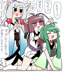 3girls all_fours animal_ears ball_gag blush blush_stickers cat_o&#039;_nine_tails closed_eyes dildo fox_ears gag green_hair highres japanese_clothes kimono long_hair medium_hair multiple_girls muneate pink_eyes rantana_(lalalalackluster) seiza sex_toy siblings sisters sitting sweat touhoku_itako touhoku_kiritan touhoku_zunko translated voiceroid whip