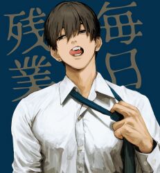 1boy absurdres adjusting_clothes adjusting_necktie black_hair blue_background buttons collared_shirt dress_shirt earrings fang gakudayo grey_eyes hand_up head_tilt highres jewelry long_sleeves looking_to_the_side male_focus necktie open_mouth original shirt short_hair single_earring solo tongue upper_body