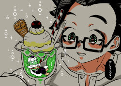 Rule 34 | 2boys, alien, black dougi, black eyes, black pants, black shirt, brown shoes, bubble, cape, cherry, chibi, chibi in drink, chibi inset, collarbone, colored skin, crossed arms, crossed legs, cup, dragon ball, dragon ball super, dragonball z, drinking straw, food, from side, fruit, glass, glasses, green skin, highres, ice, ice cream, ice cream float, in container, in cup, in liquid, liquid, looking at another, male focus, melon soda, multiple boys, no eyebrows, no sclera, obata2nd, open mouth, pants, piccolo, pointy ears, rectangular eyewear, red pupils, shirt, shoes, short hair, smile, soda, son gohan, sparkle, sparkling eyes, spiked hair, spoon, translation request, whipped cream, white cape, white shirt