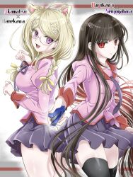 Rule 34 | ahoge, akamatsu kaede, alternate costume, animal ears, bakemonogatari, black skirt, black thighhighs, blonde hair, blush, breasts, cat ears, cat girl, cat tail, cosplay, danganronpa (series), danganronpa v3: killing harmony, fortissimo, hair ornament, hanekawa tsubasa, hanekawa tsubasa (cosplay), harukawa maki, highres, holding stapler, juliet sleeves, large breasts, long hair, long sleeves, monogatari (series), moon (moon0771110), musical note, musical note hair ornament, naoetsu high school uniform, pleated skirt, puffy sleeves, school uniform, senjougahara hitagi, senjougahara hitagi (cosplay), shirt, skirt, smile, stapler, tail, thighhighs, zettai ryouiki