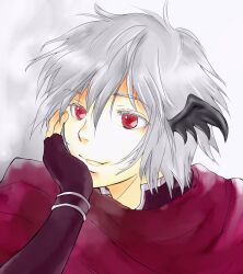1boy assassin_cross_(ragnarok_online) bat_wings black_wings commentary_request elbow_gloves fingerless_gloves gloves grey_hair hair_between_eyes hand_on_own_chin head_wings highres koma_mama male_focus open_mouth purple_gloves ragnarok_online red_eyes red_scarf scarf short_hair smile solo upper_body white_background wings