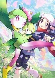 1girl absurdres akari_(pokemon) black_hair black_pantyhose black_sash black_shirt brown_footwear cloud commentary_request creatures_(company) day evolutionary_line falling_petals flower game_freak gen_5_pokemon grass grey_jacket grey_skirt headscarf highres hisuian_lilligant jacket long_hair loose_socks nintendo outdoors pantyhose petals petilil pokemon pokemon_(creature) pokemon_legends:_arceus pon_yui sash shirt shoes sidelocks skirt sky socks white_headscarf white_headwear white_pantyhose