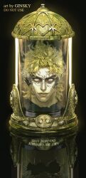 Rule 34 | 1boy, absurdres, black background, blonde hair, broken, broken glass, closed mouth, commentary, commentary request, crack, cracked glass, dio brando, english text, fangs, ginsky2000, glass, gold, head only, heart ornament, highres, hourglass, in container, jojo no kimyou na bouken, looking at viewer, male focus, no reflection, phantom blood, pink eyes, reflection, solo, spoilers, vampire