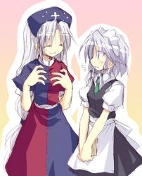 2girls ^_^ blue_eyes braid closed_eyes closed_eyes female_focus holding izayoi_sakuya long_hair maid maid_headdress multiple_girls satou_kibi silver silver_hair standing touhou twin_braids v_arms yagokoro_eirin