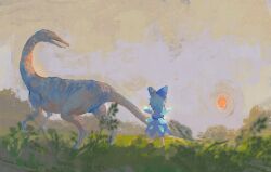 Rule 34 | 1girl, blue bow, blue dress, blue hair, bow, cirno, dragon, dress, from behind, ge dazuo, grass, hair bow, highres, ice, ice wings, monster, outdoors, pastel (medium), puffy short sleeves, puffy sleeves, scenery, shirt, short hair, short sleeves, solo, standing, touhou, traditional media, white shirt, wide shot, wings