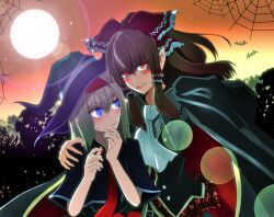 2girls alice_margatroid alternate_color ascot bat_(animal) black_cape black_capelet black_hat black_vest blonde_hair blue_eyes blush bow brown_eyes brown_hair cape capelet closed_mouth commentary_request cookie_(touhou) fangs frilled_bow frilled_hair_tubes frills full_moon hair_bow hair_tubes hakurei_reimu halloween hat highres hinase_(cookie) kanna_(cookie) lens_flare long_hair looking_at_another looking_at_viewer looking_to_the_side medium_hair moon multiple_girls necktie open_mouth orange_sky red_bow red_necktie red_pupils sakuna_brownie silk sky smile spider_web touhou tree upper_body v-shaped_eyebrows vampire_costume vest white_ascot witch_hat