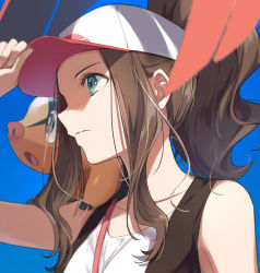 1girl baseball_cap blue_background blurry brown_hair brown_vest closed_mouth collarbone commentary_request creatures_(company) eyelashes game_freak gen_5_pokemon green_eyes hand_on_headwear hand_up hat high_ponytail highres hilda_(pokemon) long_hair nintendo on_shoulder pokemon pokemon_(creature) pokemon_bw pokemon_on_shoulder ponytail shirt sidelocks sleeveless sleeveless_shirt tepig vest white_shirt zattape