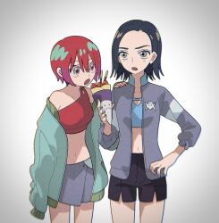 2girls amate_yuzuriha aqua_jacket bikini bikini_top_only bikini_under_clothes black_hair black_shorts blue_bikini commentary comoli_harcourt dou_(mame_eee) food fruit gradient_background grey_background grey_jacket grey_skirt gundam gundam_gquuuuuux hand_on_another&#039;s_shoulder hand_on_own_hip haro hashtag-only_commentary highres holding holding_food ice_cream_cone jacket midriff multiple_girls navel open_clothes open_jacket open_mouth radial_gradient_background red_bikini red_hair short_hair shorts single_sleeve_past_fingers skirt standing strawberry swimsuit waffle_cone