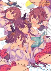 &gt;:d 10s 4girls :d aircraft airplane bad_id bad_pixiv_id black_hair book breasts brown_eyes brown_hair brown_skirt closed_eyes crossed_arms detached_sleeves floatplane fusou_(kancolle) hair_between_eyes hair_ornament head_rest highres holding holding_book hyuuga_(kancolle) ise_(kancolle) japanese_clothes kantai_collection large_breasts long_hair lying miniskirt multiple_girls nontraditional_miko on_back on_side on_stomach open_book open_mouth pleated_skirt red_eyes red_skirt ribbon-trimmed_sleeves ribbon_trim sash seaplane shirt short_hair siblings skirt sleeveless sleeveless_shirt smile takitarou toy_airplane v-shaped_eyebrows yamashiro_(kancolle)
