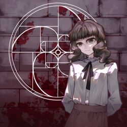 Rule 34 | 1girl, arms behind back, black ribbon, blood, blood on wall, brown eyes, brown hair, chinese commentary, closed mouth, commentary request, face piercing, fear &amp; hunger (series), fear &amp; hunger 2: termina, frilled shirt collar, frills, long hair, long sleeves, looking at viewer, magic circle, marina (fear &amp; hunger), mouth piercing, neck ribbon, piercing, pink skirt, ribbon, shirt, shirt tucked in, skirt, solo, upper body, wanywuy, white shirt