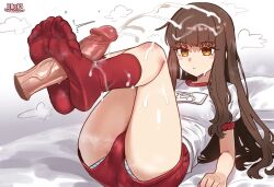 1boy 1girl ass breasts brown_hair buruma cum cum_on_body cum_on_hair cum_on_legs ebora ejaculation expressionless facial fate/extra fate_(series) footjob footjob_with_legwear full_body gym_uniform highres kishinami_hakuno_(female) looking_at_penis looking_at_viewer name_tag panties penis red_buruma red_shorts red_socks ribbed_socks shirt shorts sidelocks socks striped_clothes striped_panties underwear white_shirt yellow_eyes