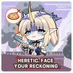 1girl bare_shoulders black_collar black_dress blonde_hair blue_eyes blue_hair collar colored_inner_hair crown_of_thorns dress earrings english_text fleurdelys_(wuthering_waves) floating_earrings food hawaiian_pizza highres holding holding_sword holding_weapon horns jewelry logo long_hair long_horns looking_at_viewer multicolored_hair necklace official_art parted_bangs parted_lips pineapple_on_pizza pizza pointy_ears sidelocks single_horn solo sword tacet_mark_(wuthering_waves) weapon wuthering_waves yellow_horns