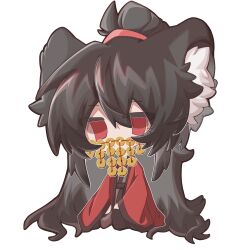 1boy animal_ear_fluff animal_ears black_hair black_hanfu black_shoes chibi chibi_only chinese_clothes chinese_commentary coat coin coin_mask covered_mouth dao_gui_yi_xian dog_boy dog_ears full_body hair_between_eyes hair_bun hanfu highres holed_coin kemonomimi_mode li_huowang long_hair long_sleeves looking_at_viewer male_focus mask mouth_veil open_clothes open_coat outline red_coat red_eyes shoes simple_background single_hair_bun sitting sleeves_past_wrists solo veil very_long_hair white_background wide_sleeves xinjinjumin492306774828