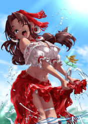 &gt;_&lt; 1girl bird blue_eyes bracelet braid breasts brown_hair crop_top dark-skinned_female dark_skin dated earrings fangs gypsy headband highres hoop_earrings jewelry large_breasts long_hair mocha_(nekoguchi) navel necklace nekoguchi one_eye_closed open_mouth original panties pantyshot puffy_short_sleeves puffy_sleeves red_headband red_skirt shiny_skin shirt short_sleeves signature skirt smile solo surfboard thigh_strap twitter_username underwear water wet wet_clothes white_shirt