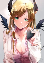 1girl :p bat_tattoo blonde_hair breast_tattoo breasts cleavage demon_girl demon_horns demon_tail demon_wings fangs frilled_shirt frills green_eyes grey_background highres himeyamayuri hololive horns lab_coat large_breasts long_hair long_sleeves looking_at_viewer low-cut pink_shirt pointy_ears shirt simple_background sleeves_past_wrists solo tail tattoo tongue tongue_out upper_body virtual_youtuber wings yuzuki_choco yuzuki_choco_(1st_costume)