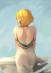 1girl absurdres archaic_set_(zelda) armlet artist_name ass ass_focus back back_focus backless_dress backless_outfit bare_shoulders blonde_hair braid choker circlet cowboy_shot crown_braid dress earrings facing_away from_behind hair_ornament highres jewelry leaning leaning_forward median_furrow nintendo pointy_ears princess_zelda short_hair shoulder_blades sidelocks solo standing strapless strapless_dress the_legend_of_zelda the_legend_of_zelda:_tears_of_the_kingdom white_dress yunre_(yunreart)