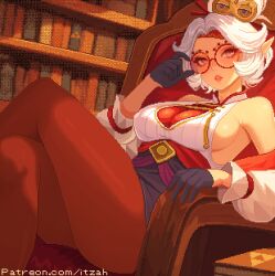 Rule 34 | 1girl, adjusting eyewear, breasts, chair, cleavage, crossed legs, glasses, itzah, lips, medium breasts, nintendo, on chair, pantyhose, pixel art, purah, red pantyhose, round eyewear, sideboob, sitting, solo, the legend of zelda, the legend of zelda: tears of the kingdom, thighs, white hair
