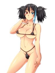 1futa bikini black_bikini black_hair blue_eyes blue_hair breasts bulge closed_mouth collarbone contrapposto covered_erect_nipples cowboy_shot futanari hair_between_eyes hand_on_own_neck hand_on_own_thigh heterochromia large_breasts looking_at_viewer medium_hair micro_bikini multi-strapped_bikini multicolored_hair mutsubizuki navel o-ring o-ring_bikini red_eyes shiny_skin simple_background standing streaked_hair string_bikini swimsuit twintails underboob utau white_background yokune_ruko
