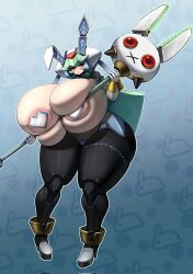 1girl areola_slip blue_background breast_press breasts breasts_squeezed_together curvy deep_skin dot_nose expressionless female_focus full_body gigantic_breasts gipehtyboo gradient_background green_hair hat head_tilt highres holding holding_staff large_areolae leotard long_hair mega_man_(series) mega_man_zx meme_attire orange_eyes pandora_(mega_man) pantyhose pasties playboy_bunny rabbit_ears rabbit_head red_eyes reverse_bunnysuit reverse_outfit robot_girl solo staff standing thick_thighs thighs wide_hips x_mouth
