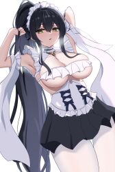 arm_behind_head azur_lane black_hair black_skirt blush breasts choker cleavage dress grabbing_own_hair green_eyes highres indomitable_(azur_lane) indomitable_(ms._motivationless_maid)_(azur_lane) joo0nnvrppoxqeo large_breasts long_hair maid maid_headdress official_alternate_costume open_mouth pantyhose ponytail skirt underboob white_pantyhose