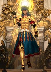 1boy arm_at_side armor armored_boots armored_gloves bangle black_gloves black_hair black_leggings blue_skirt boots bracelet breastplate closed_mouth dark-skinned_male dark_skin earrings elbow_gloves fate/grand_order fate_(series) front_slit full_body game_cg gloves gold_armor gold_earrings gold_trim hand_up jewelry koyama_hirokazu leggings long_hair male_focus official_art overskirt pauldrons red_eyes red_tunic romulus_quirinus_(fate) short_sleeves shoulder_armor skirt solo third-party_source tunic v-shaped_eyebrows variant_set