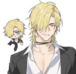 Rule 34 | 1boy, black jacket, blonde hair, blue eyes, chibi, chibi inset, collared shirt, defnotalvoo96, degrees of lewdity, grin, hair over one eye, highres, jacket, looking at viewer, open clothes, open jacket, shirt, simple background, smile, white background, white shirt, whitney (degrees of lewdity), whitney (male) (degrees of lewdity)