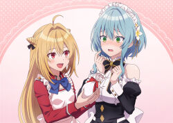 2girls ahoge bare_shoulders blonde_hair blue_bow blue_bowtie blue_hair blush bob_cut bow bowtie breasts clenched_hand cone_hair_bun detached_sleeves fang green_eyes hair_between_eyes hair_bun hikikomari_kyuuketsuki_no_monmon jacket large_breasts long_hair long_sleeves maid maid_headdress multiple_girls open_mouth puffy_sleeves red_eyes red_jacket shitaya_tomoyuki short_hair sidelocks simple_background terakomari_gandezblood upper_body valentine villhaze wrist_cuffs