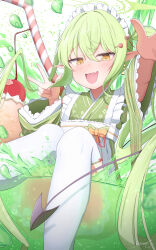 1girl absurdres alternate_costume blue_archive commentary_request demon_girl demon_tail enmaided feet_out_of_frame green_hair green_halo green_kimono halo highres japanese_clothes kabomeel_lse kimono long_hair looking_at_viewer maid maid_headdress nozomi_(blue_archive) open_mouth partial_commentary pointy_ears solo tail thighhighs twintails w wa_maid white_thighhighs