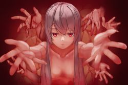 1girl blood blood_on_hands breasts convenient_censoring degtyaryov2952 eldritch_abomination extra_arms from_above grey_hair hair_censor hair_over_breasts long_hair looking_at_viewer naraku naraku_2 neun_02 nude outstretched_arms red_eyes smile solo veins