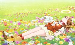 1girl absurdres azusa_(azchemist63) breasts brown_hair closed_eyes commission fire_emblem fire_emblem:_radiant_dawn hair_tubes halo highres medium_breasts mist_(fire_emblem) nintendo on_grass orange_arm_warmers orange_socks orange_vest skeb_commission sleeping socks solo vest