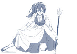 1girl absurdres alternate_costume apron closed_mouth dress enmaided greyscale hair_between_eyes highres holding holding_polearm holding_weapon looking_at_viewer maid maid_headdress monochrome on_one_knee polearm puffy_short_sleeves puffy_sleeves seila_rei shirt shoes short_sleeves side_ponytail simple_background sleeveless sleeveless_dress smile solo sousou_no_frieren ubel_(sousou_no_frieren) waist_apron weapon white_background