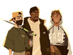 3boys alternate_costume asian beanie beard black_hat black_jacket black_mask brown_hair cassidy_(overwatch) casual cigarette commentary dark-skinned_male dark_skin ear_piercing earrings english_commentary facial_hair genji_(overwatch) hat highres holding holding_sword holding_weapon hood hood_down hood_up hoodie jacket jewelry looking_ahead looking_at_another looking_to_the_side male_focus mask mouth_mask multiple_boys multiple_scars open_clothes open_jacket overwatch pants piercing print_hoodie reaper_(overwatch) rhyme_with_rachel sanpaku scar scar_on_face shirt short_sleeves simple_background sketch smoke smoking standing sword weapon white_background white_hoodie