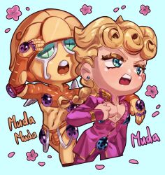 Rule 34 | 1boy, 1other, blonde hair, braid, braided ponytail, chibi, chibi only, cleavage cutout, clothing cutout, colored skin, commentary, compound eyes, earrings, english text, flower, giorno giovanna, gold experience, green eyes, high collar, highres, jacket, jewelry, jojo no kimyou na bouken, karasichekbulk, ladybug ornament, male focus, open mouth, pants, pectoral cleavage, pectorals, petals, pink flower, pink jacket, pink pants, single braid, stand (jojo), stud earrings, vento aureo, wing ornament, yellow skin