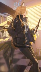 1girl animal_ears black_jacket black_necktie black_pantyhose blonde_hair blue_archive blue_halo blue_shirt blue_skirt checkered_floor coffee_maker coffee_mug commentary_request cup dog_ears dog_girl espresso_machine feet_out_of_frame halo hand_in_pocket highres holding indoors jacket kanna_(blue_archive) leaning long_hair looking_ahead mug necktie open_clothes open_jacket open_mouth overflowing pantyhose police police_uniform policewoman sharp_teeth shirt skirt solo teeth ttk_(kirinottk)