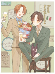 Rule 34 | 2boys, absurdres, ahoge, alcohol, axis powers hetalia, blue shirt, blush, border, bottle, bouquet, brothers, brown hair, brown jacket, brown pants, brown shoes, buttons, chair, closed eyes, closed mouth, collared shirt, commentary request, cowboy shot, cup, dated, drawing (object), drink, drinking glass, fingernails, flower, formal clothes, full body, green jacket, green pants, highres, holding, holding bouquet, holding cup, italian flag, jacket, lapels, long sleeves, looking at viewer, male focus, multiple boys, necktie, negi 01412, northern italy (hetalia), on chair, open mouth, orange hair, pants, pink flower, poster (object), red flower, red rose, rose, shirt, shoes, short hair, siblings, sitting, smile, southern italy (hetalia), spread legs, standing, suit, suit jacket, twins, v-shaped eyebrows, white border, white flower, white shirt, wine, wine bottle, wine glass, yellow eyes, yellow flower, yellow necktie, yellow rose