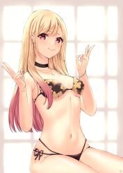 1girl babycado bikini black_bikini black_choker blonde_hair breasts choker commentary_request double_v floral_print_bikini highres kitagawa_marin long_hair looking_at_viewer navel purple_eyes smile solo sono_bisque_doll_wa_koi_wo_suru stomach swimsuit thighs v