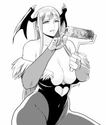 1girl artist_name breasts cleavage covered_navel disgust head_wings highres large_breasts legs leotard lint_roller long_hair monochrome morrigan_aensland parted_lips pubic_hair solo thick_thighs thighs darkstalkers wings