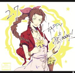 1girl aerith_gainsborough akatsuki_jam bag bangle bracelet braid braided_ponytail breasts brown_hair choker cleavage cropped_jacket dated dress final_fantasy final_fantasy_vii final_fantasy_vii_remake flower flower_basket flower_choker green_eyes hair_ribbon happy_birthday holding holding_bag holding_flower jacket jewelry lily_(flower) long_dress long_hair looking_at_viewer medium_breasts open_mouth parted_bangs pink_dress pink_ribbon red_jacket ribbon short_sleeves sidelocks single_braid smile solo upper_body yellow_flower