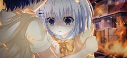 1boy 1girl aged_down blue_eyes blue_hair bow bowtie date_a_live date_a_live:_spirit_pledge fiery_background fire game_cg hair_ornament hairclip hood hoodie house itsuka_shido official_art open_mouth shaded_face shirt short_hair short_sleeves third-party_source tobiichi_origami white_hair