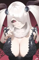 1girl absurdres arthropod_girl blush breasts cleavage closed_mouth gradient_background hair_over_one_eye hand_up head_wings highres huge_breasts indie_virtual_youtuber insect_girl kurozawa_yui long_hair looking_at_viewer moth_girl one_eye_covered red_background red_eyes shina_tsukishiro simple_background smile solo virtual_youtuber white_hair wings