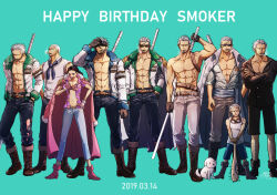 Rule 34 | 1boy, abs, black hair, blue background, blue neckerchief, boots, buzz cut, coat, coat on shoulders, commentary request, dated, dog, epaulettes, goggles, hand on own hip, hands in pockets, happy birthday, jacket, jitte, leg hair, male focus, multiple views, neckerchief, one piece, pink coat, planted, purple shirt, sash, shina (ooo417ooo), shirt, short hair, smoke, smoker (one piece), spiked hair, stitched face, stitches, sunglasses, topless male, undercut, very short hair, weapon, weapon on back