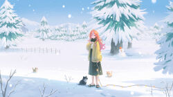 1girl ahoge black_skirt blue_sky cat commentary commission day dog english_commentary fence highres holding huhv. long_hair long_skirt long_sleeves looking_at_viewer open_clothes orange_hair original outdoors pixiv_commission scenery skirt sky snow snowing snowman solo standing sweater tree wide_shot winter