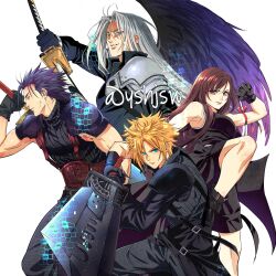Rule 34 | 1girl, 3boys, apron, armor, baggy pants, bare shoulders, black apron, black coat, black gloves, black hair, black shorts, black vest, black wings, blonde hair, blue eyes, breasts, brown hair, buster sword, cloud strife, coat, commentary, cowboy shot, cross scar, detached sleeves, english commentary, facial scar, feet out of frame, fighting stance, final fantasy, final fantasy vii, final fantasy vii advent children, fusion swords, gloves, green eyes, grey hair, highres, holding, holding sword, holding weapon, large breasts, leg up, long hair, looking at viewer, masamune (ff7), multiple boys, pants, parted bangs, parted lips, popped collar, red eyes, ribbed shirt, ribbed sweater, scar, scar on cheek, scar on face, sephiroth, shirt, short hair, shorts, shoulder armor, single detached sleeve, single shoulder pad, single wing, sleeveless, sleeveless shirt, sleeveless turtleneck, spiked hair, standing, standing on one leg, sweater, sword, tifa lockhart, turtleneck, turtleneck sweater, twitter username, vest, waist apron, weapon, white background, wings, yshjsw, zack fair
