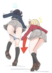 2girls arrow_(symbol) ass black_hair black_socks blonde_hair blue_jacket brown_shoes facing_away from_behind full_body grey_skirt highres inoue_takina jacket lycoris_recoil lycoris_uniform microsd_(pibo) multiple_girls nishikigi_chisato panties panty_pull pulling_another&#039;s_clothes red_jacket shoes simple_background skirt socks thighs underwear white_background