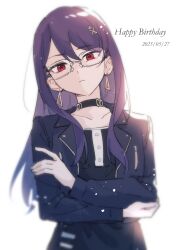 1girl black_jacket closed_mouth collar collarbone crossed_arms earrings female_focus glasses hair_between_eyes happy_birthday highres jacket jewelry leather leather_jacket long_hair long_sleeves looking_at_viewer purple_hair red_eyes shizuhara_hiruko solo solo_focus the_hundred_line_-last_defense_academy- white_background